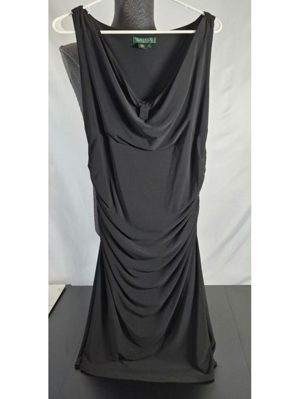 Lauren Ralph Lauren Black Ruched Cowl Neck Dress Size 14
